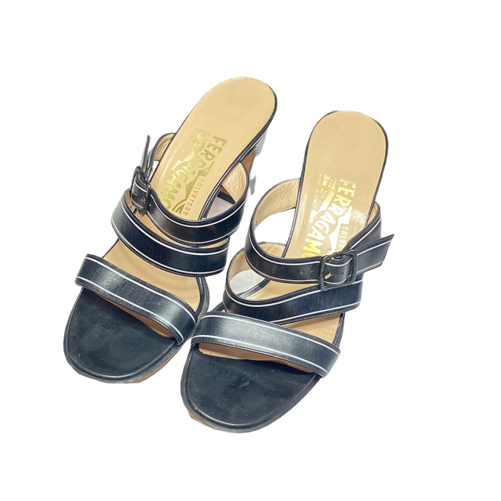 Salvatore Ferragamo Black Strap Slip On Block Heels